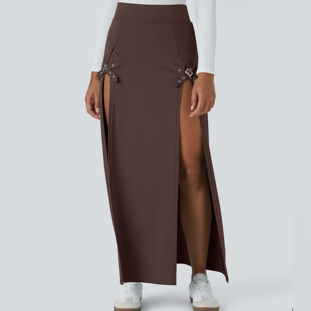 Halara High Waisted Adjustable Buckle Split 2-in-1 Maxi Skirt Chestnut Large